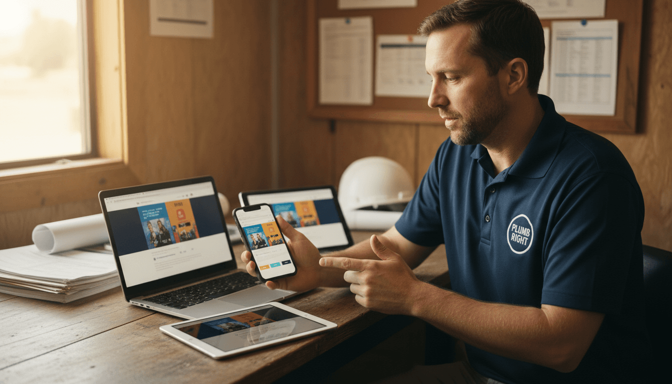 Home service business owner reviewing professional website design on mobile device