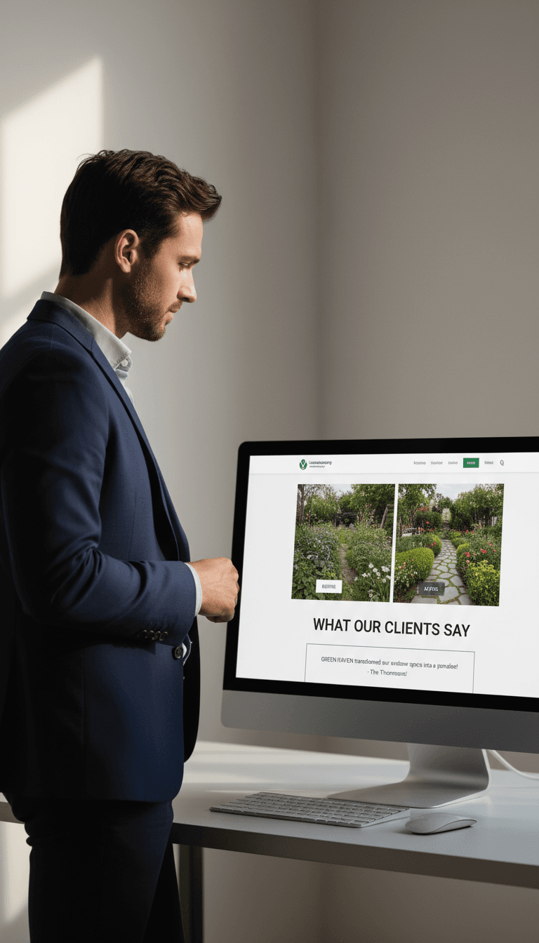 Professional reviewing completed landscaping website design on large monitor in minimalist workspace