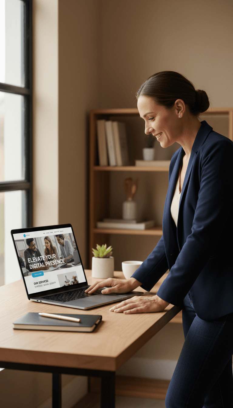 Business owner smiling while reviewing professional website design on laptop at clean, minimalist home office desk